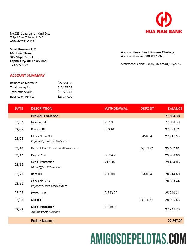 Realista Hua Nan Financial Holdings Firm Bank Statement Word e modelo PDF